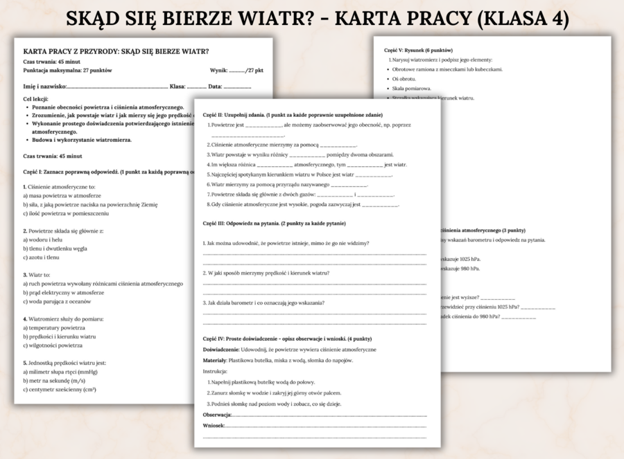 KARTA PRACY – Skąd się bierze wiatr? klasa 4 (45min)