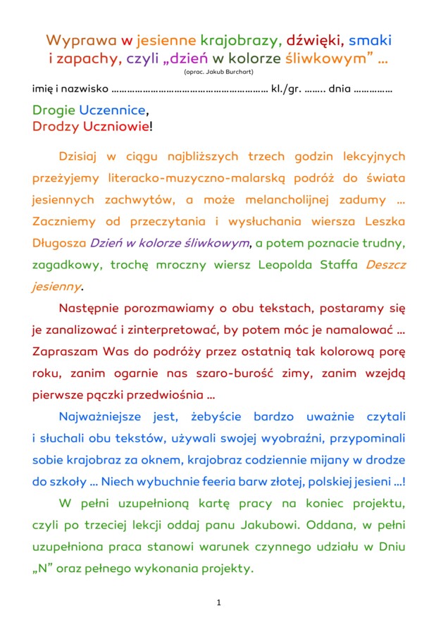 Jesień w wierszach: Leszka Długosza "Dzień w kolorze śliwkowym" i Leopolda Staffa "Deszcz jesienny".