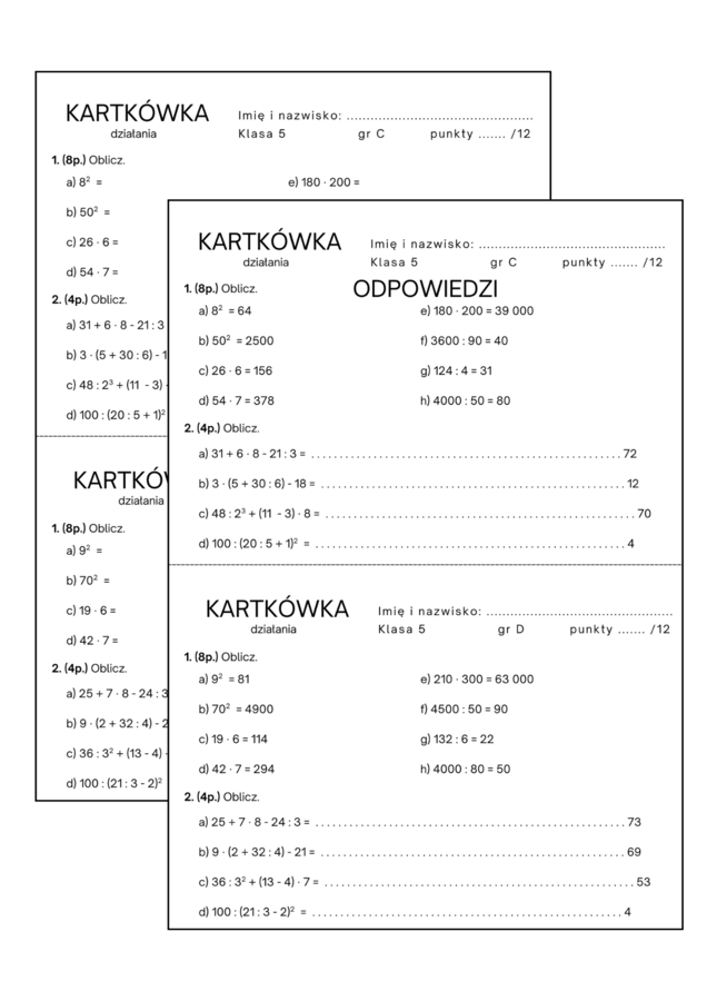 Kartkówka - działania. Klasa 5