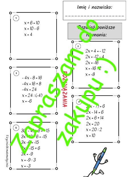 Równania pierwszego stopnia z jedną niewiadomą - karta pracy lub kartkówka z rozwiązaniami.
