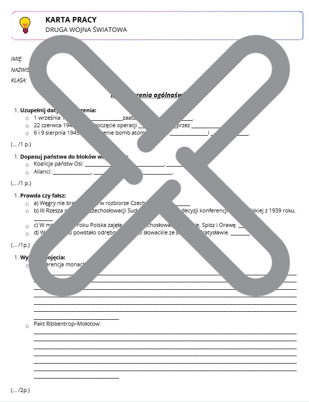 KARTA PRACY - II WOJNA ŚWIATOWA - MATERIAŁ DYDAKTYCZNY