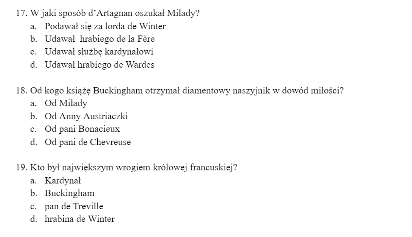 Trzej muszkieterowie - kartkówka z treści lektury