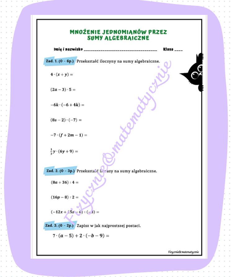 Mnożenie jednomianów przez sumy algebraiczne – kartkówka + odpowiedzi | wyrażenia algebraiczne | klasa 7