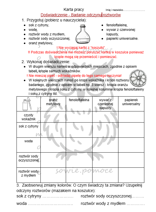 Badanie odczynu roztworów - kartay pracy