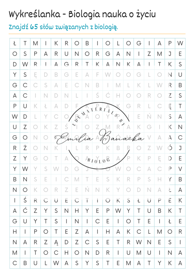 Wykreślanka "Biologia - nauka o życiu."