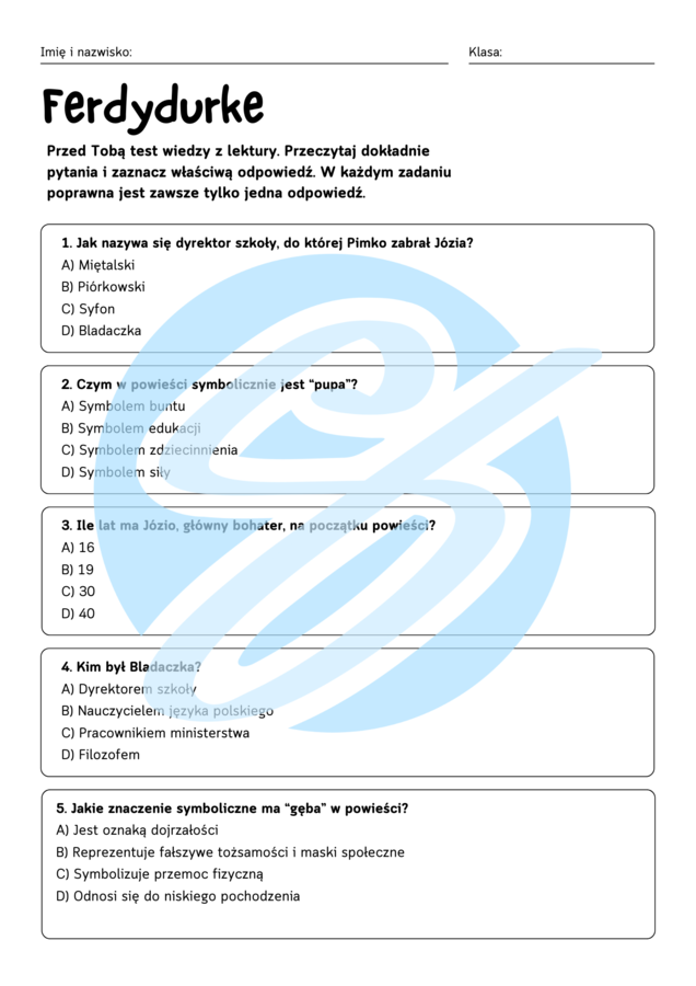 Test z lektury „Ferdydurke” | Witold Gombrowicz | Szkoła średnia | 15 pytań ABCD + Klucz + Skala ocen