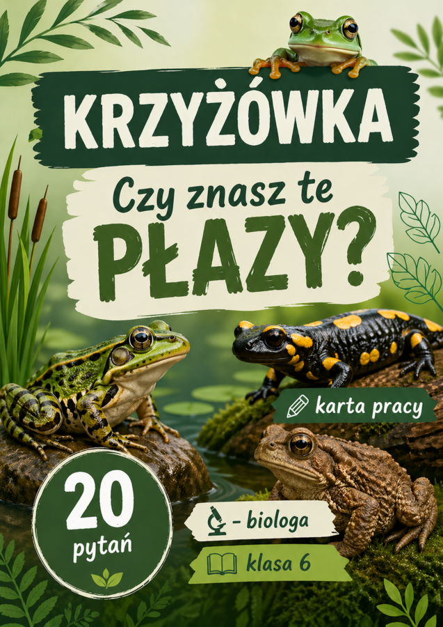 PŁAZY W POLSCE I NA ŚWIECIE - krzyżówka - karta pracy (biologia, klasa 6)