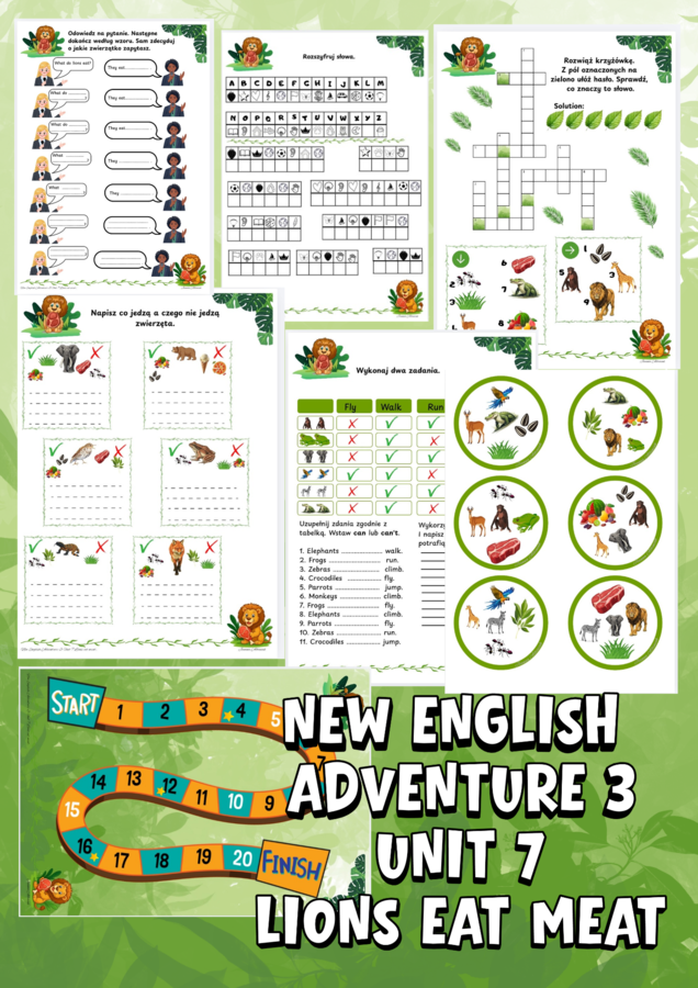 Karty pracy -New English Adventure 3 unit 7 Lion Eats Meat