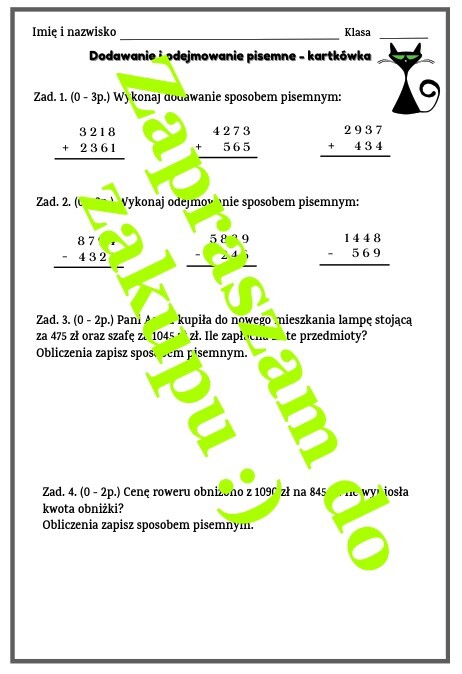 Dodawanie i odejmowanie pisemne - kartkówka lub karta pracy.