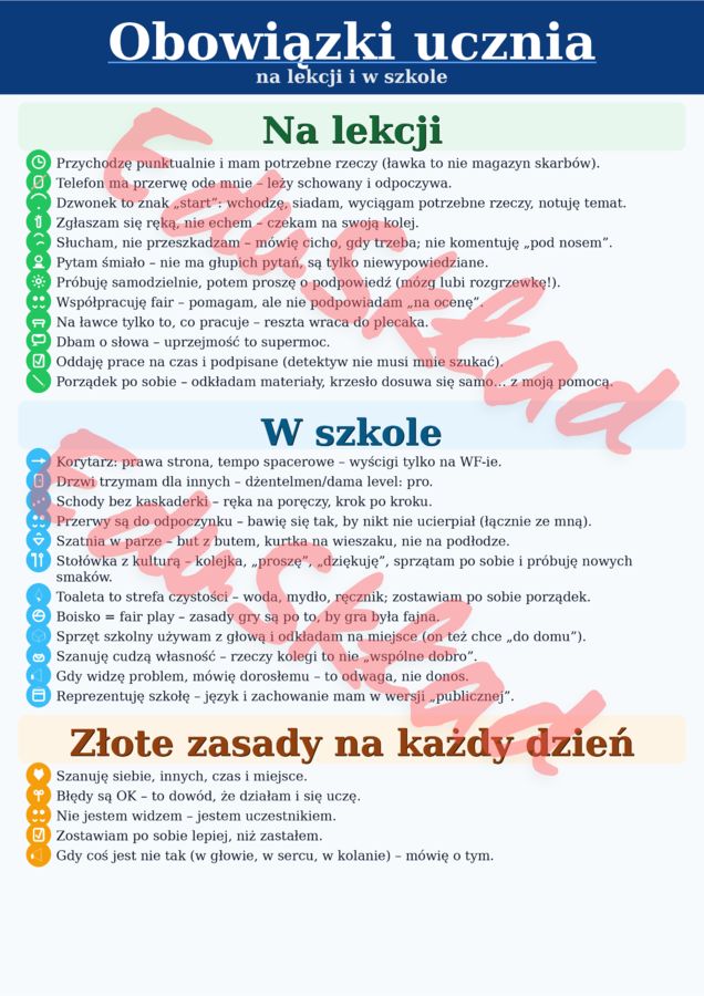 Obowiązki ucznia – plakat do druku + strona na podpisy
