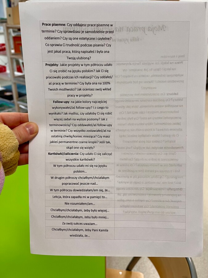 TABELKA Z SAMOOCENĄ UCZNIA - język polski