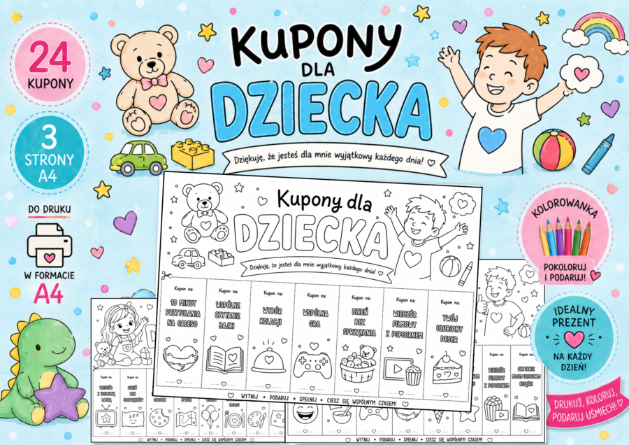 Kupony dla Dziecka do Druku PDF A4 – 24 Kupony Miłości i Zabawy | Prezent DIY dla Dzieci