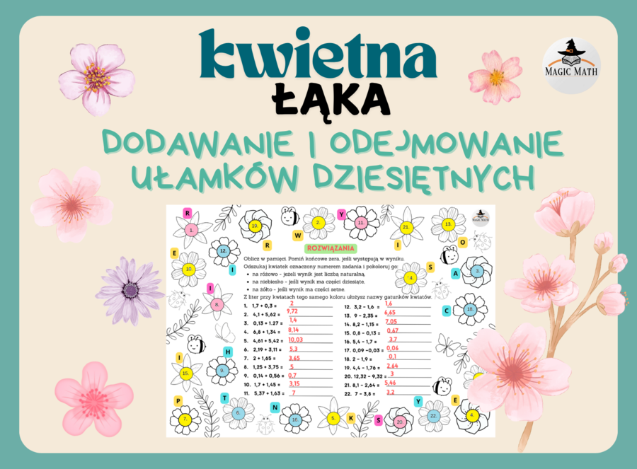 KWIETNA ŁĄKA - dodawanie i odejmowanie pamięciowe ułamków dziesiętnych