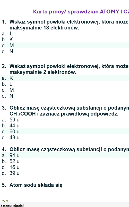 Sprawdzian ATOMY I CZĄSTECZKI