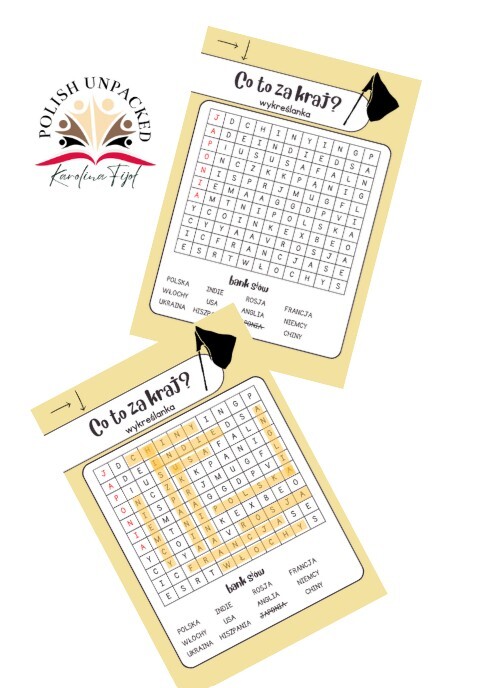 Wykreślanka "Co to za kraj?", język polski jako obcy A1, edukacja wczesnoszkolna