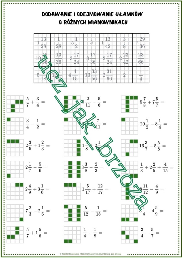 Dodawanie i odejmowanie ułamków zwykłych o różnych mianownikach, karta pracy, kodowanie, klasa 5
