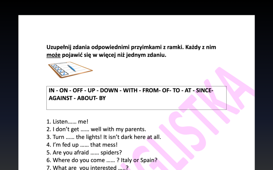 Przyimki- dobieranie z ramki+ KLUCZ- egzamin ósmoklasisty