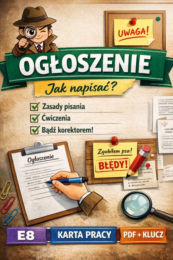 Ogłoszenie – karta pracy E8 | jak napisać? + ćwiczenia + klucz odpowiedzi