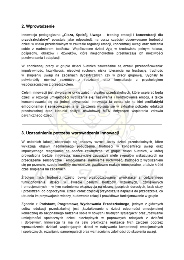 Innowacja Pedagogiczna „Cisza, Spokój, Uwaga” trening emocji i koncentracji dla przedszkolaków