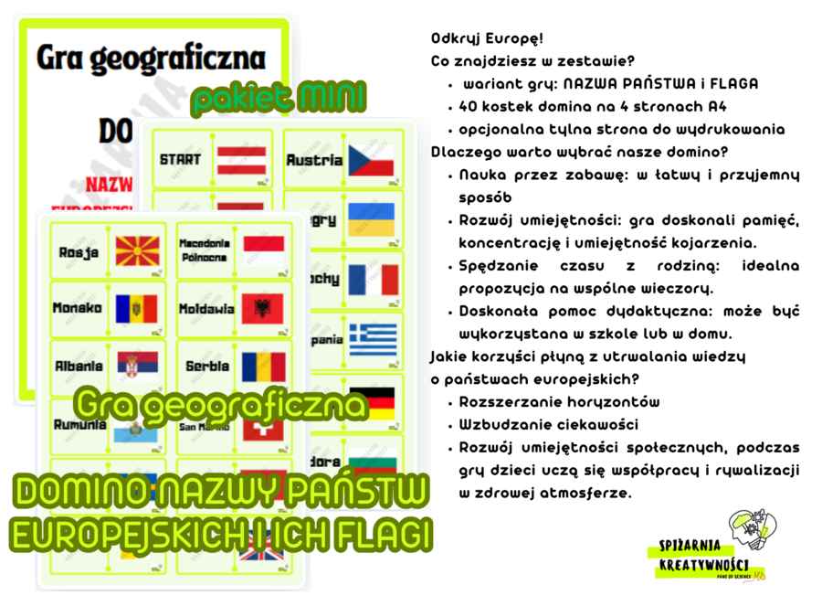 Gra geograficzna DOMINO NAZWY PAŃSTW EUROPEJSKICH I ICH FLAGI pakiet MINI