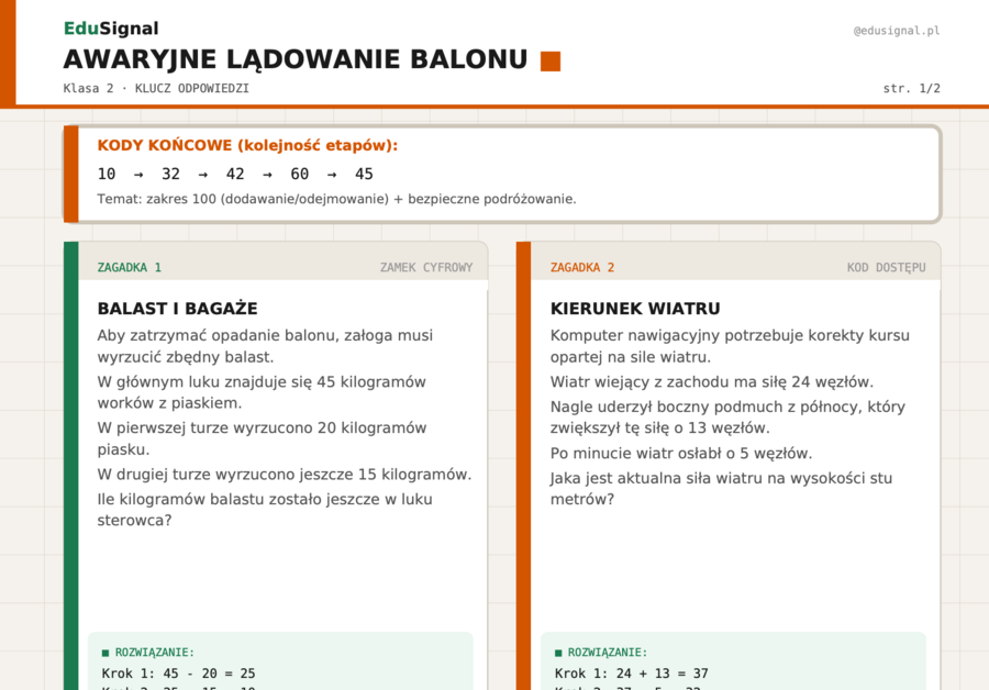 Awaryjne Lądowanie Balonu | Escape room — dodawanie i odejmowanie do 100, klasa 2 | karta ucznia + klucz + fiszki narracyjne