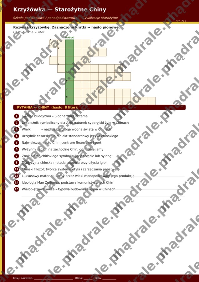 KRZYŻÓWKA "INDIE I CHINY" KARTA PRACY + KLUCZ ODPOWIEDZI