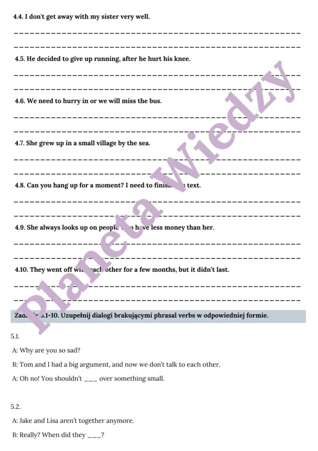 PHRASAL VERBS PART 1– Zbiór zadań do egzaminu ósmoklasisty z języka angielskiego. Poziom A2/A2+ – uzupełnienie luk w tekstach, układanie historii, użycie phrasal verbs w codziennym życiu