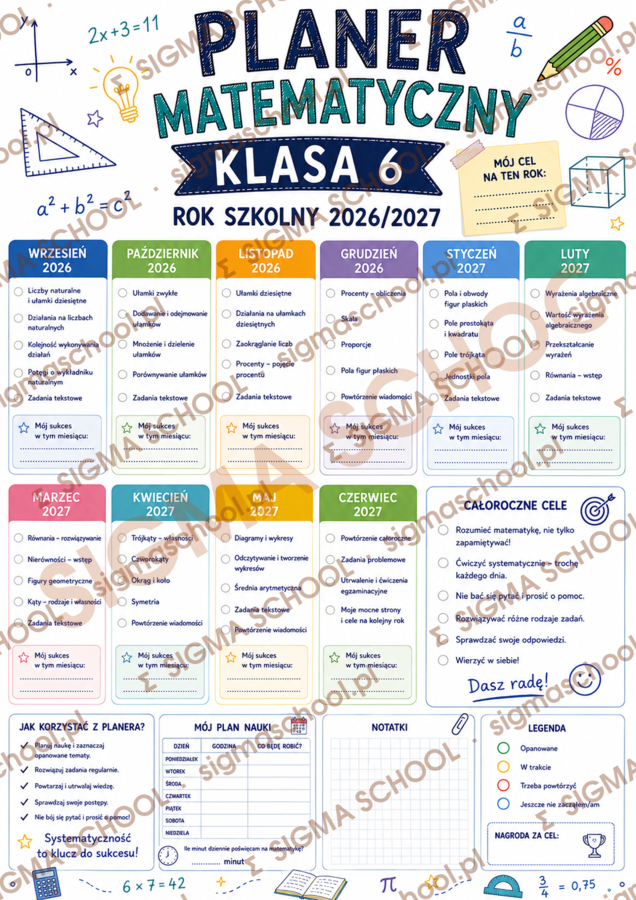 Kolorowy Plakat Planer Matematyczny do Druku – Klasa 6 (Rok Szkolny 2026/2027)