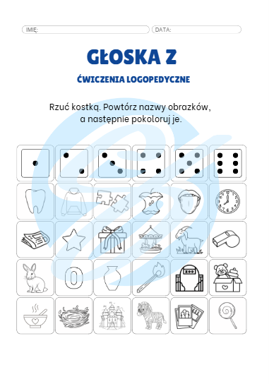 Ćwiczenia Logopedyczne Głoski „Z” – Rzuć Kostką, Powtórz i Pokoloruj! Idealne dla Logopedów Pracujących z Dziećmi