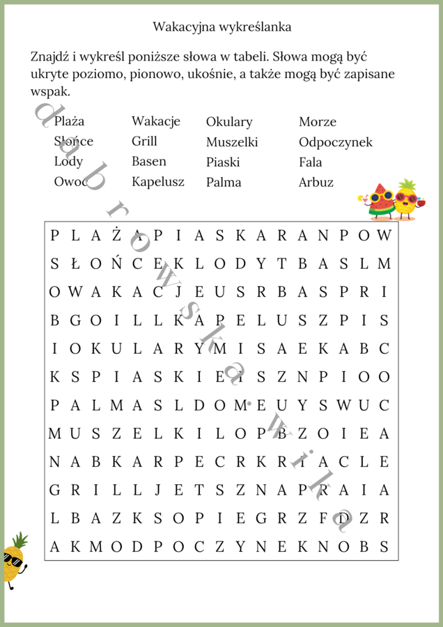 Wakacyjna wykreślanka