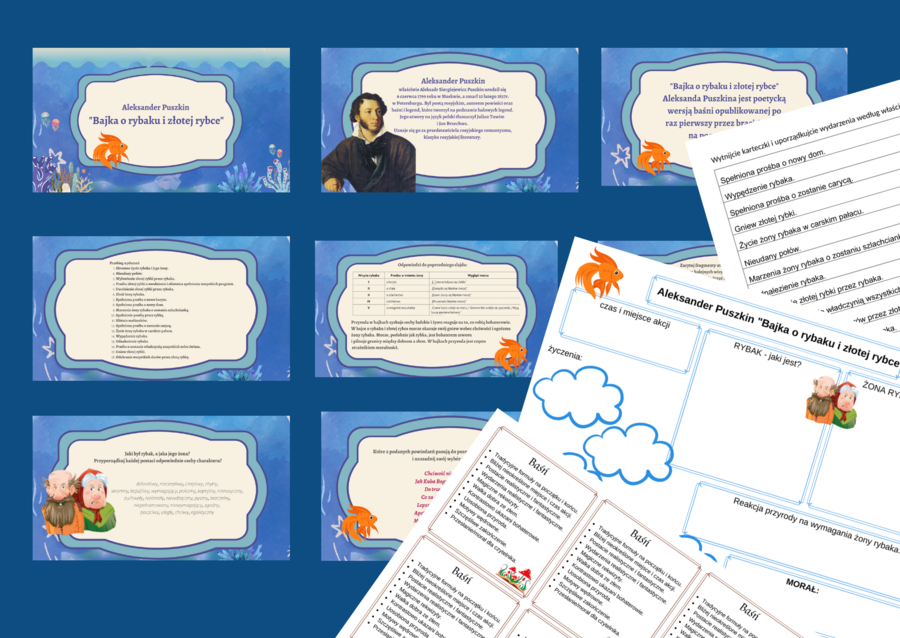 "BAJKA O RYBAKU I ZŁOTEJ RYBCE" – prezentacja + 2 karty pracy + wklejka – BAŚŃ