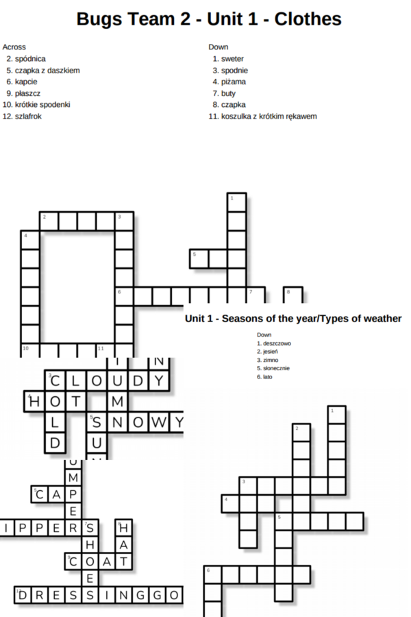 Bugs Team 2 – Unit 1 – krzyżówki – Clothes/Seasons of the year_Types of weather
