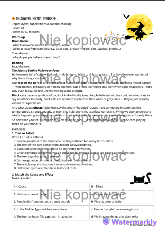 Karta pracy z czytanką "Halloween Myths Debunked" B1