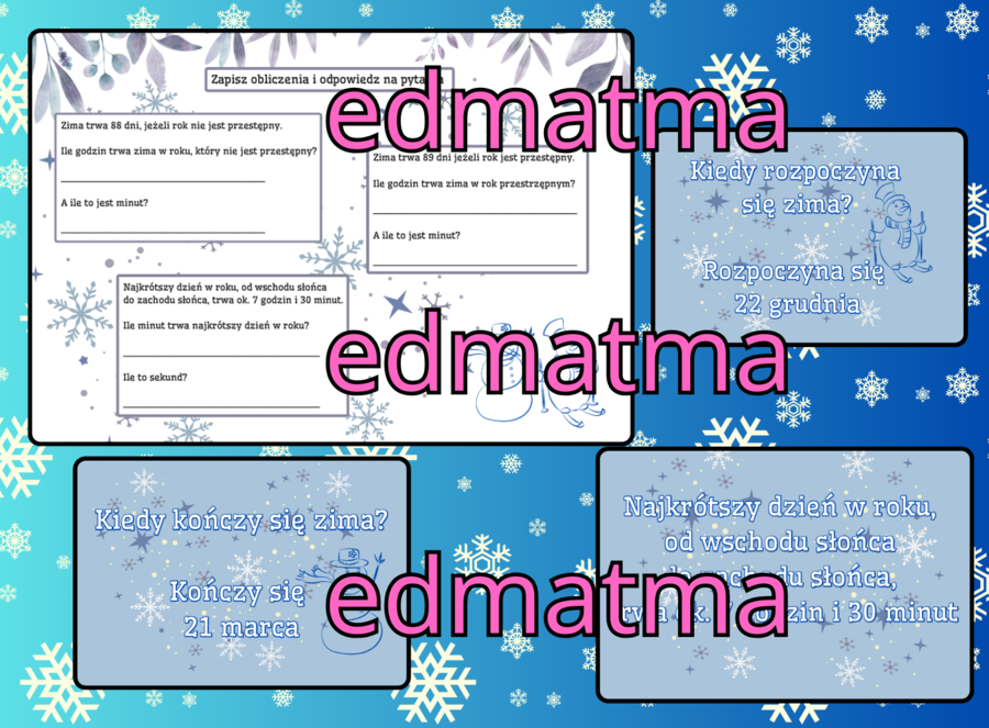 Zima i czas - gazetka szkolna + karta pracy. Matematyka