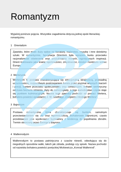 Romantyzm – Najważniejsze Zagadnienia – Karty Pracy dla Maturzystów