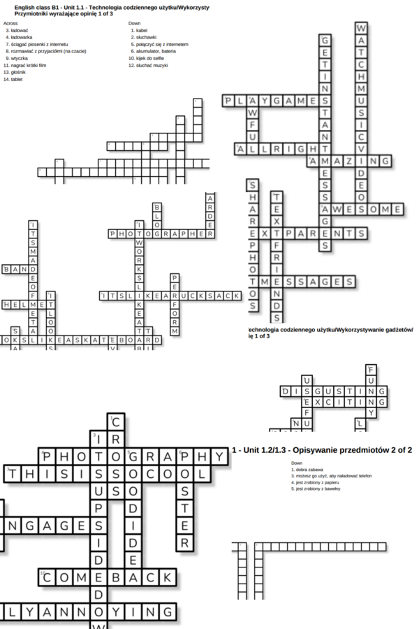 English Class B1 – Unit 1 – krzyżówki – Technologia codziennego użytku_Wykorzystywanie gadżetów_Przymiotniki wyrażające opinię/Opisywanie przedmiotów/Out of class/1.7