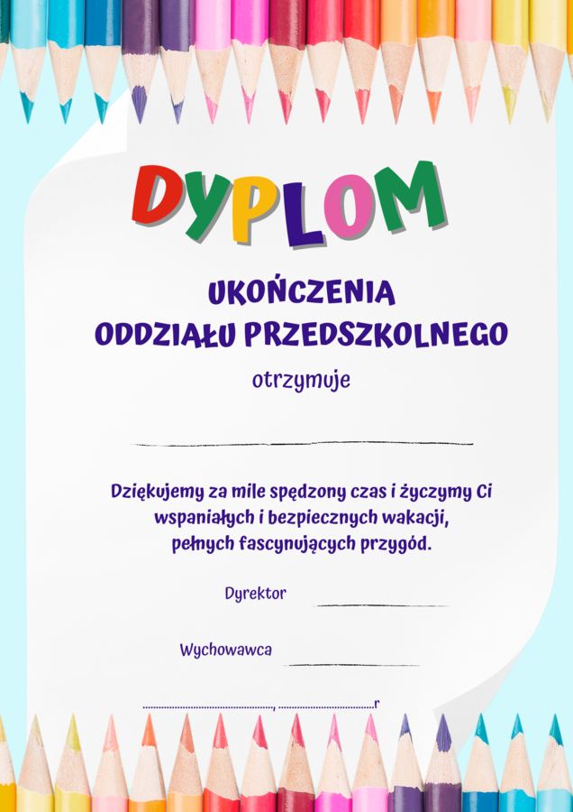 Dyplomy ukończenia oddziału przedszkolnego, klas 1-3 oraz podziękowania.