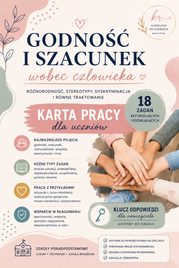 Godność i szacunek wobec człowieka – karta pracy + klucz odpowiedzi | Edukacja zdrowotna