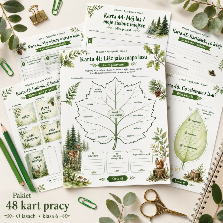 "O lasach", ks. Jan Twardowski. Pakiet kart pracy. [48 kart]