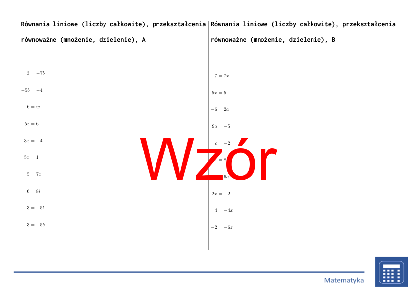 Równania liniowe (liczby całkowite), przekształcenia równoważne (mnożenie, dzielenie) | matematyka, algebra | 26 kolumn