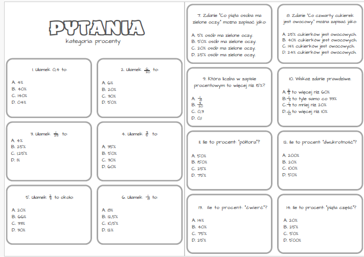 A-Z quiz procenty - powtórzenie wiadomości klasy 6, 7, 8