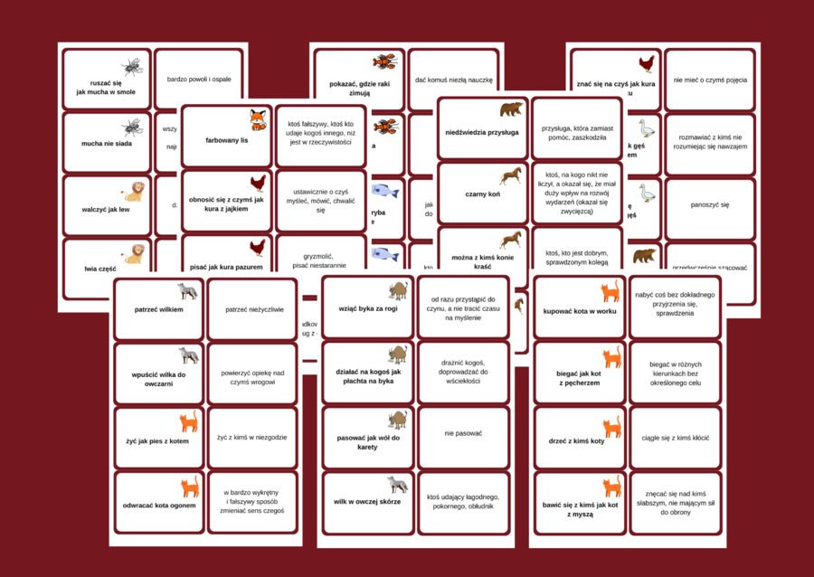 ZWIĄZKI FRAZEOLOGICZNE O ZWIERZĘTACH – fiszki – kl. 4-8 – egzamin – powtórzenie- ćwiczenia