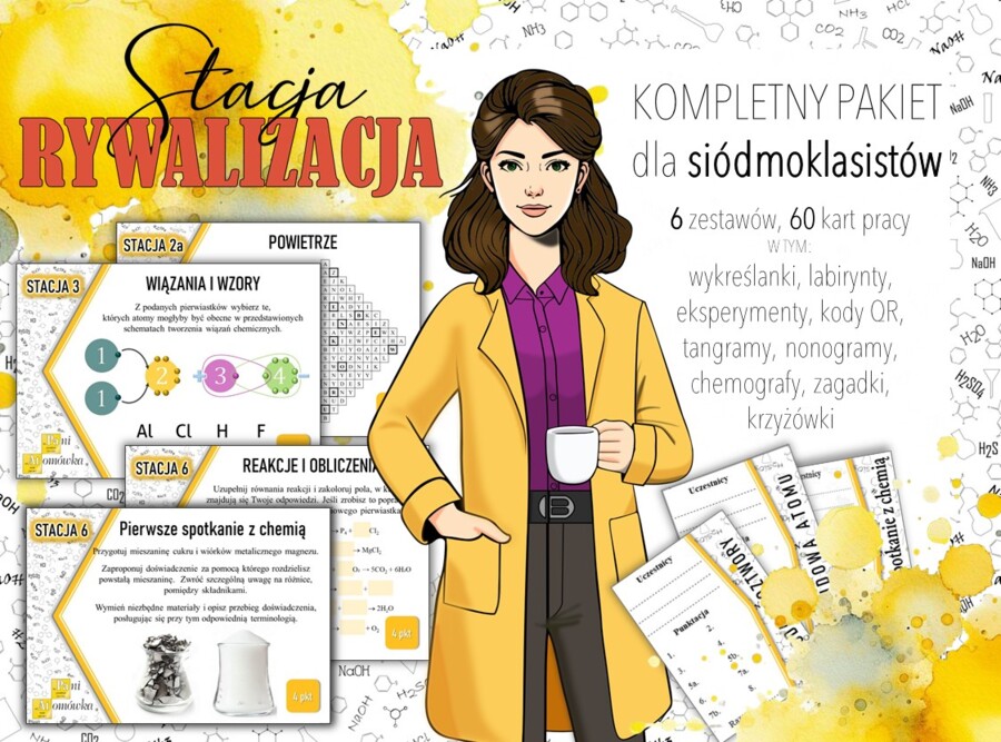 Stacja: RYWALIZACJA! PAKIET na cały rok szkolny! Klasa 7. Chemia. Powtórzenie wiadomości. Praca grupowa. Gra dydaktyczna. Zadanie. Stacje zadaniowe. MOC powtórki.
