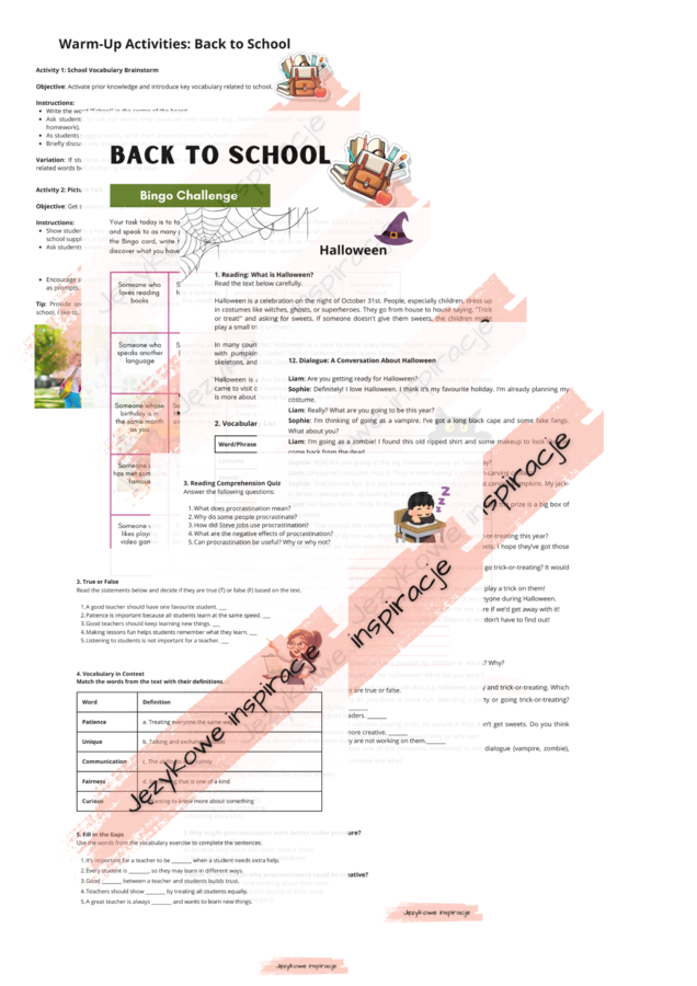 Angielski_Pakiet 10 Lekcji na 10 różnych tematów. Back to School_Halloween_Procrastinators - The Leaders of Tomorrow_National Education Day in Poland_Vegetarianism _European Day of Languages _The Cosy Side of Autumn_Thanksgiving Day Christmas Winter