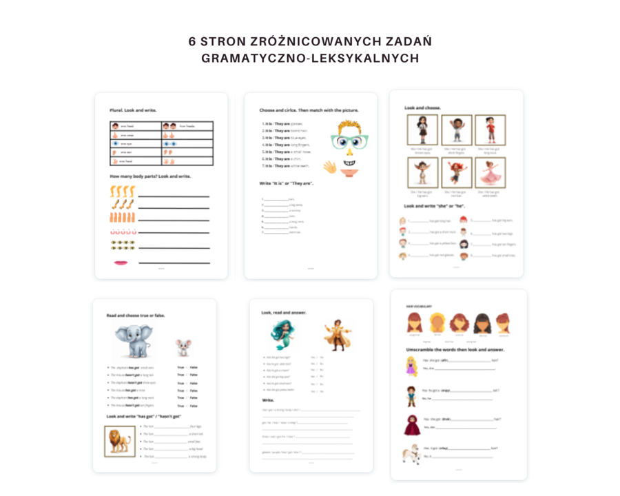 Karta Pracy, Części ciała, Body Parts, Liczba mnoga i Zaimki He/ She oraz zworty has got/ hasn't got/ Has ... got ?