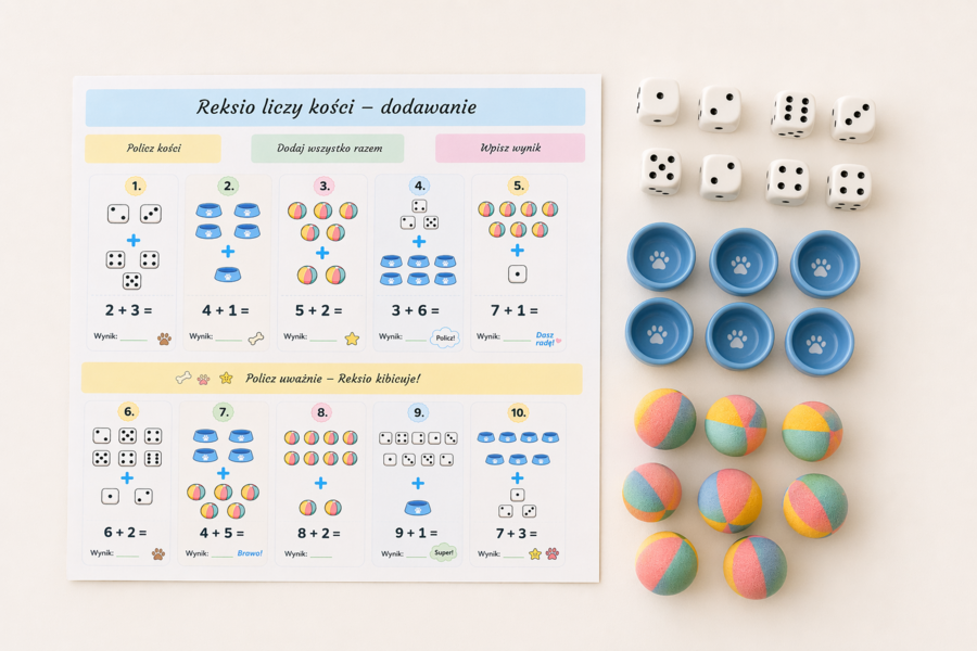 Reksio liczy kości – karta matematyczna