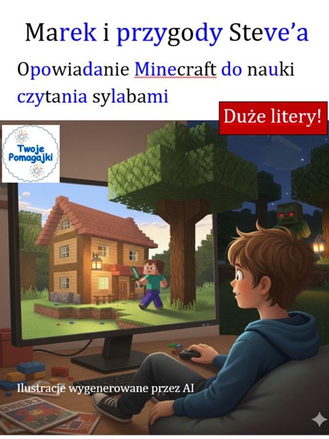 Czytanie sylabami- duże litery, opowiadanie z postaciami Minecraft
