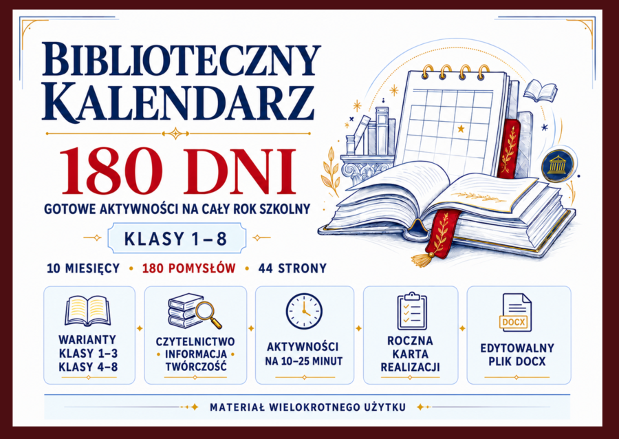 🌹BIBLIOTECZNY KALENDARZ 180 DNI - gotowe aktywności na cały rok szkolny dla klas 1–8