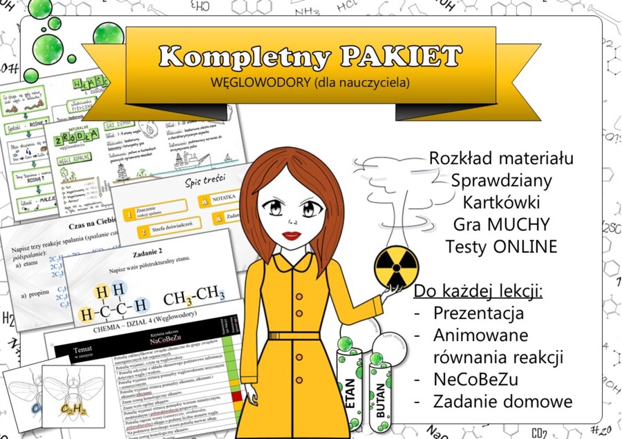 Chemia. Klasa 8. Węglowodory. Kompletny PAKIET materiałów do całego działu dla nauczyciela. Prezentacja. Karta pracy. Gra dydaktyczna. Zadanie. Sketchnotka. Powtórzenie wiadomości. Kartkówka. Sprawdzian.