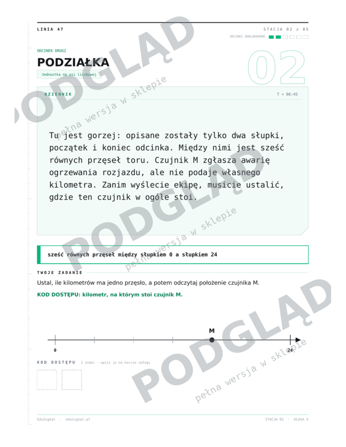Oś liczbowa — misja na 5 stacjach, klasa 4 (plansze A4 + klucz + fiszki narracyjne)